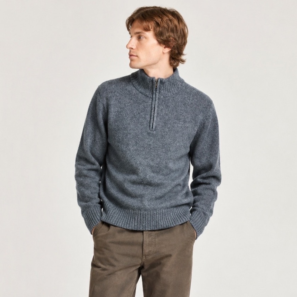 Vintage R&R Casuals Mens XL Gray Lambswool Quarter Zip Mock Neck Sweater 80s